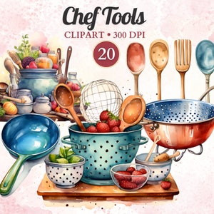 Clipart de ferramentas de chef, clipart de ferramentas de cozinha, utensílios de cozinha, cozinheiro, acessórios, espátula, panela, rolo de massa, png transparente, download instantâneo