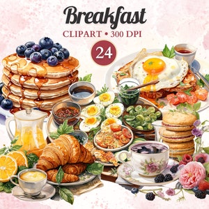 Desayuno Clipart, Acuarela, Comida Clipart, Comida Png, Desayuno Png, Arte de Cocina, Brunch, Acuarela Png, Png Transparente, Descarga Instantánea