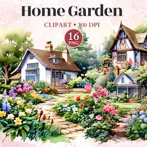 Clipart de jardim doméstico, clipart de cerca, impressão de campo de flores, vetor de flores, clipart de ferramentas de jardinagem, gráficos de jardinagem