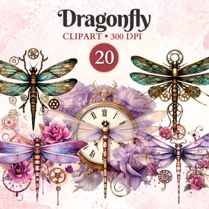 Steampunk Dragonfly Clipart, Steampunk Ephemera, Libélula acuarela, Historia de fantasía, Suministro de diario basura, Libro de chatarra