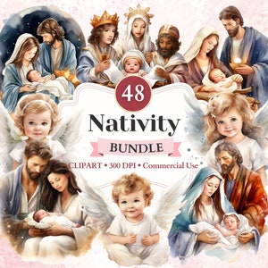 Bundle de cliparts Nativité, crèche, ange, Marie et Joseph, icône de la Sainte Famille, clipart catholique, Bible, usage Commercial