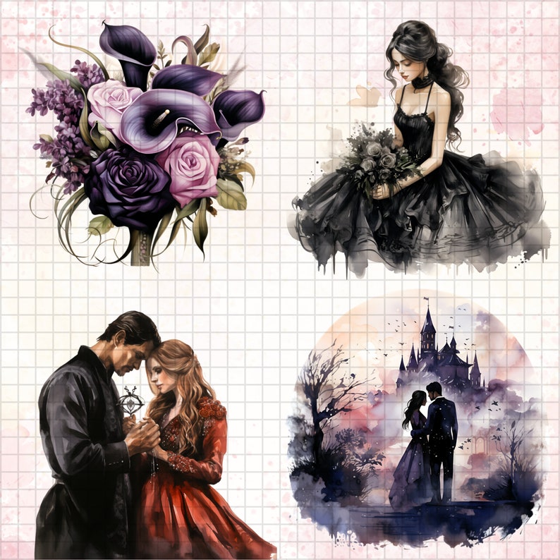 Puede incluir: Una pintura de acuarela con cuatro escenas diferentes. La primera escena es un ramo de flores moradas y rosas. La segunda escena es una mujer con un vestido negro sosteniendo un ramo de flores. La tercera escena es una pareja de pie frente a un castillo. La cuarta escena es una pareja de pie frente a un &aacute;rbol.
