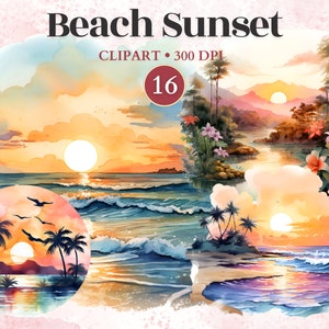 Beach Sunset Clipart, Beach Scene Watercolor, Wanderlust Png, Outdoor Png, Wilderness Clipart