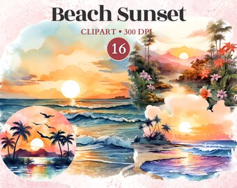 Strandzonsondergang aquarel clipart: tropisch eiland, png (digitale download)