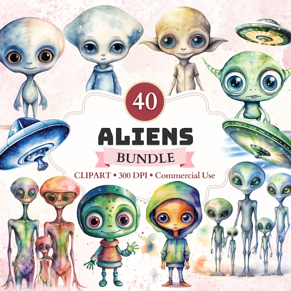 Alien Clipart, Bundle, Watercolor, Space, Galaxy Clipart, Cute, Martian, Ufo, Outer Space, Universe, Graphics, Party, Cosmos, Commercial Use