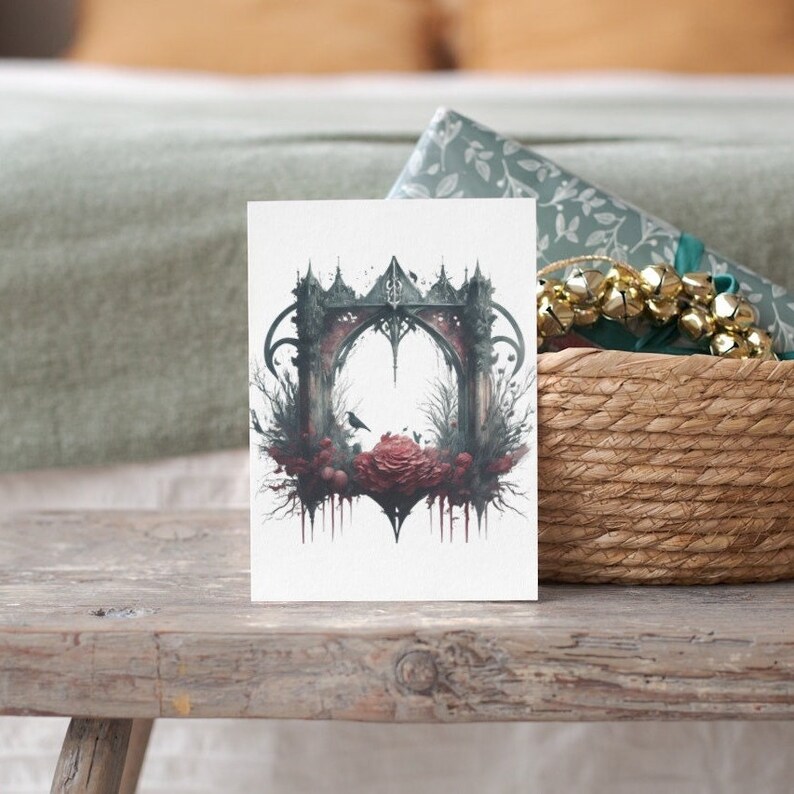 May include: A gothic archway overgrown with vines and flowers, with a small bird perched on a branch. The archway is painted in shades of gray and green, with a red rose blooming at the base.