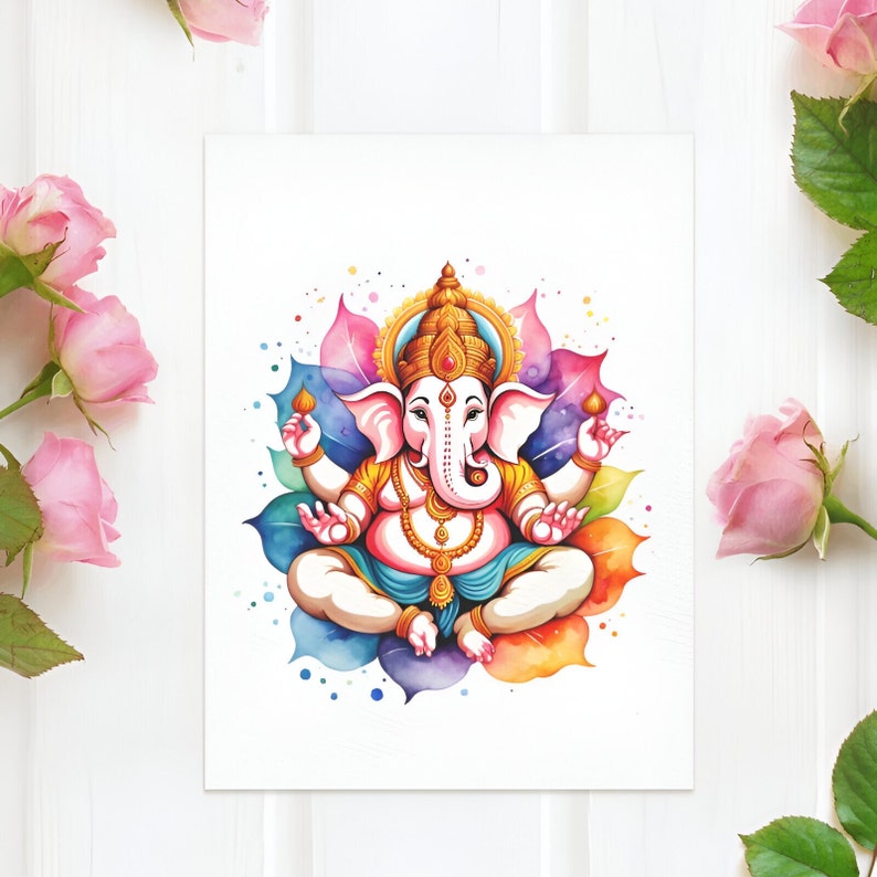 May include: A colorful watercolor painting of the Hindu deity Ganesha, depicted with a pink elephant head, sitting in a lotus position with his hands in a mudra gesture. He is adorned with gold jewelry and a blue and gold robe. The background is a vibrant rainbow of colors with white dots.