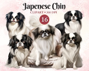 May include: Four black and white Japanese Chin dogs sitting on a light brown sofa. The dogs are looking at the camera. The image is a digital illustration.