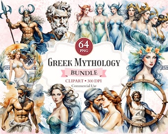 May include: A digital clipart bundle of 64 watercolor illustrations of Greek mythology figures. The illustrations feature gods, goddesses, and mythical creatures. The bundle is perfect for creating digital art, crafts, and other projects.