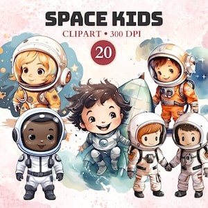 Space Kids Clipart, Watercolor, Kawaii, Cute Space, Galaxy Clipart, Universe, Png, Outer Space, Adventures, Graphics, Party, Solar System