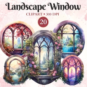 May include: A set of 20 watercolor illustrations of arched windows with different views of a fantasy landscape. The windows are framed in stone and have intricate details. The landscapes include a castle, a river, and a forest.