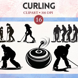 May include: Silhouettes of curling players in action, including a group of four players sweeping the ice and a single player throwing a stone. The image also includes a close-up of a curling stone with a swirling pattern.
