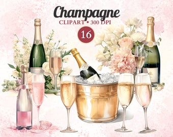 Champagne Clipart, Champagne Png, Glass and Bottle, Bridal Clipart, Wedding Clipart, Celebration, Happy New Year Png