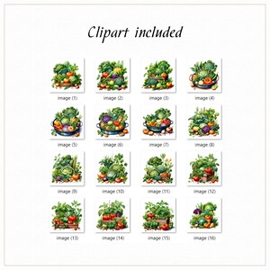 Puede incluir: Una colecci&oacute;n de 16 im&aacute;genes de clipart que presentan diversas verduras frescas, incluyendo br&oacute;coli, tomates, pimientos y cebollas. Las verduras est&aacute;n dispuestas en cestas, cuencos y sobre cajas de madera.