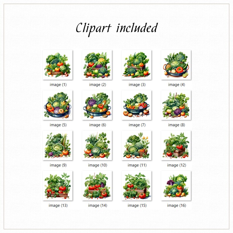 Puede incluir: Una colecci&oacute;n de 16 im&aacute;genes de clipart que presentan diversas verduras frescas, incluyendo br&oacute;coli, tomates, pimientos y cebollas. Las verduras est&aacute;n dispuestas en cestas, cuencos y sobre cajas de madera.