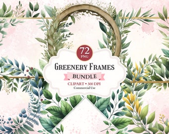 Greenery Frames Clipart Bundle, Botanical Leave Border, Printable Photo Frame Png, Nature Foliage Wreath, Ornate Picture, Wedding Invitation