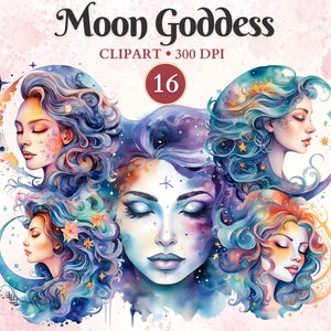 Moon Goddess Clipart, Whimsical Wonder, Divine Feminine Energy, Mystical Clipart, Pagan Png, Spiritual Art, Galaxy Queen