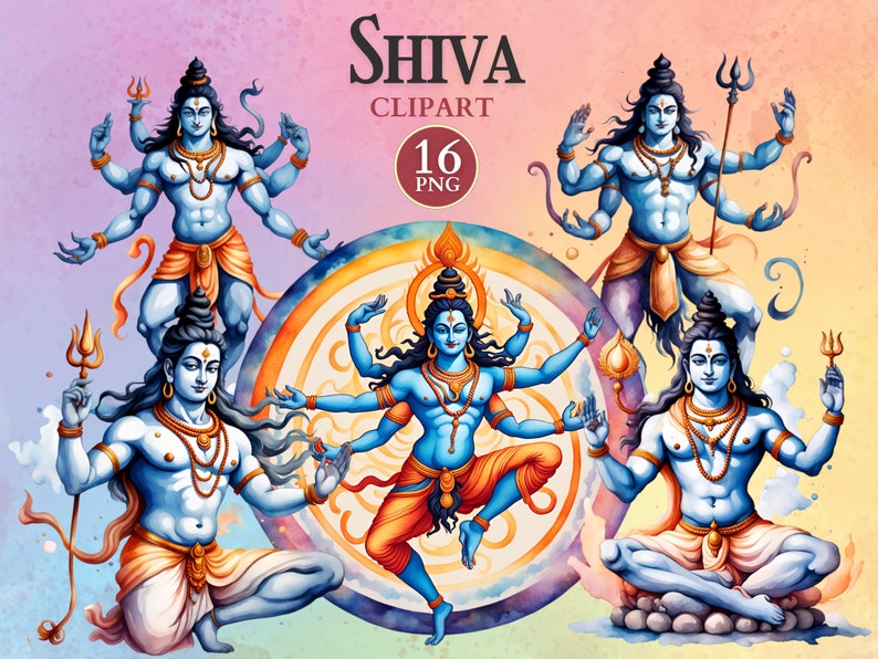 May include: Digital clipart set of 16 images featuring Shiva, a Hindu deity, in various poses. The images are in a watercolor style with vibrant colors and intricate details. The set includes images of Shiva with multiple arms, holding a trident, and in a meditative pose.
