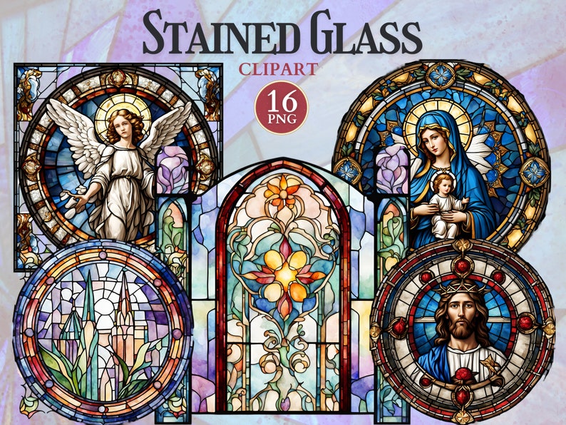 K&ouml;nnte beinhalten: Ein Satz mit 16 Clipart-Bildern von Buntglasfenstern mit religi&ouml;sen Figuren und Designs. Die Bilder beinhalten ein Buntglasfenster mit einem floralen Design, ein Buntglasfenster mit einem Engel, ein Buntglasfenster mit der Jungfrau Maria und dem Jesuskind sowie ein Buntglasfenster mit Jesus Christus.