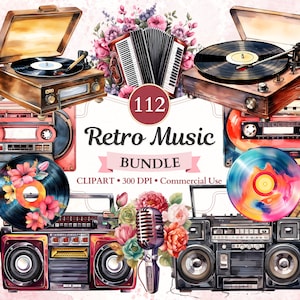 Bundel retro muziek clipart, jaren 80 feest, platenspeler, vinylplaat, muziek clipart, muziek png, muziekinstrument