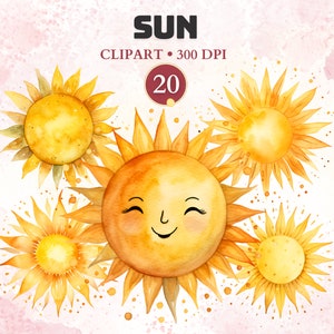 Puede incluir: Clipart de acuarela con cinco ilustraciones de soles amarillos y naranjas. Los soles tienen caras sonrientes y diseños detallados de pétalos. La imagen incluye la palabra "SUN" y "CLIPART" en texto negro, junto con un círculo rojo con el número "20".