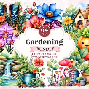 Paquete de imágenes prediseñadas de jardinería, gráficos de primavera, diseños de jardines, imágenes prediseñadas de jardín lindo, elementos florales, regadera