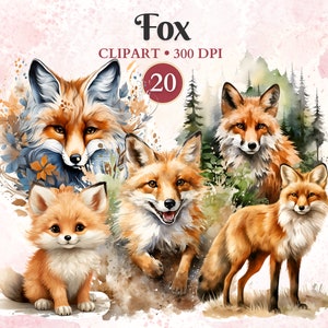 Clipart renard, aquarelle, renard Png, animal de la forêt, clipart animal de la forêt, vecteur Animal, Nature, sublimation