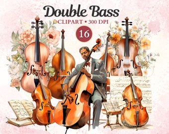 May include: A set of six double bass illustrations, including a musician playing a double bass. The illustrations are in a watercolour style with floral accents and sheet music. The text "Double Bass" and "CLIPART - 300 DPI" is included in the image.