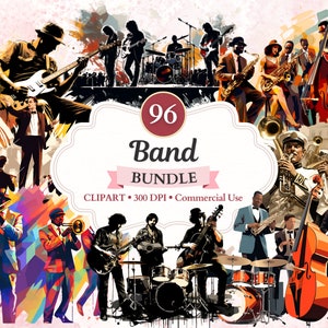 May include: A colorful illustration of a 96-piece band clipart bundle. The image features musicians playing various instruments, including a guitar, saxophone, trumpet, drums, and a double bass. The text "96 Band Bundle" is displayed in a white banner with a pink ribbon.