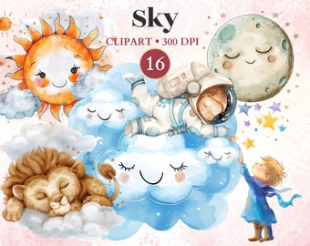 Sky Clipart, Cloud And Stars, Watercolor Sky, Kawaii Weather, Cute Sun Clipart, Cloud Png, Cute Weather