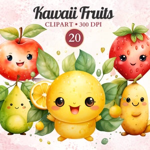 Clipart di frutta Kawaii, acquerello, set di clipart cibo Kawaii, cibo carino, limone, banana, mela, fragola, Png trasparente, Download istantaneo