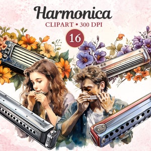 Könnte beinhalten: Zwei Personen spielen Mundharmonika. Die Mundharmonikas sind silber und blau mit schwarzen Akzenten. Das Bild ist vor einem rosa Hintergrund mit floralen Akzenten.