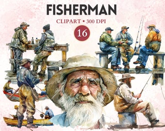 Fisherman Clipart, Fishing Clipart, Fishing Watercolor, Sport Graphics, Sport Image, Transparent Background Clip Art