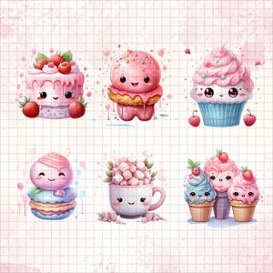 May include: A collection of six cute cartoon desserts with smiling faces. The desserts include a pink cupcake with sprinkles, a pink cake with strawberries, a pink and white cake with a smiling face, a pink and white cupcake with a smiling face, a pink and white cupcake with a smiling face, and a pink and white cup with a smiling face.
