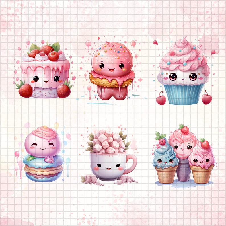 May include: A collection of six cute cartoon desserts with smiling faces. The desserts include a pink cupcake with sprinkles, a pink cake with strawberries, a pink and white cake with a smiling face, a pink and white cupcake with a smiling face, a pink and white cupcake with a smiling face, and a pink and white cup with a smiling face.