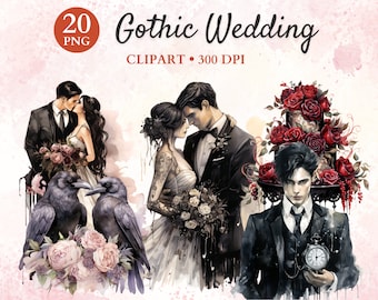 Gothic Wedding Clipart, Watercolor Gothic Bouquets, Goth Wedding PNG, Gothic Png, Marriage Png, Transparent Png, Instant Download