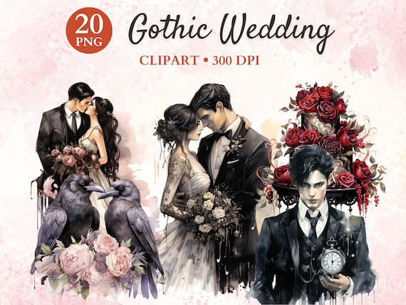 Gothic Wedding Clipart, Watercolor Gothic Bouquets, Goth Wedding PNG, Gothic Png, Marriage Png, Transparent Png, Instant Download