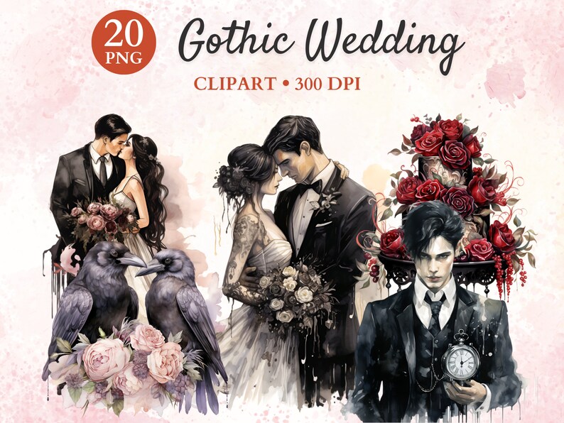 Puede incluir: Un conjunto de 20 ilustraciones digitales con tem&aacute;tica de boda g&oacute;tica. Las ilustraciones incluyen una pareja bes&aacute;ndose, una novia y un novio, un cuervo, un ramo de flores y un pastel de bodas.