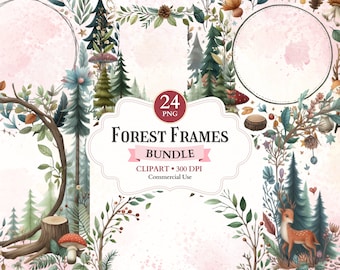 Forest Frames Clipart Bundle, Enchanted Forest, Printable Greenery Frame Png, Nature Woodland Wreath, Border Clipart, Sublimation Design
