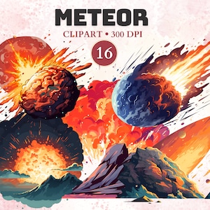 May include: A digital illustration of 16 meteor clipart images. The images depict meteors of different sizes and shapes, some with fiery trails, exploding on impact, and others falling towards a planet. The images are in a cartoon style and are perfect for use in digital projects.