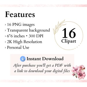 K&ouml;nnte beinhalten: Ein digitales Clipart-Set mit 16 Bildern von floralen Designs. Die Bilder sind 15,24 cm x 15,24 cm gro&szlig; und haben einen transparenten Hintergrund. Das Clipart ist hochaufl&ouml;send und perfekt f&uuml;r den pers&ouml;nlichen Gebrauch. Der Text "16 Clipart" wird in einem goldenen Kreis mit einem floralen Design angezeigt.