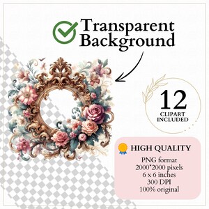 Puede incluir: Un marco dorado adornado con flores rosas y blancas, hojas y enredaderas. El marco es circular y tiene un fondo transparente. La imagen es de 2000 x 2000 p&iacute;xeles y 6 x 6 pulgadas.