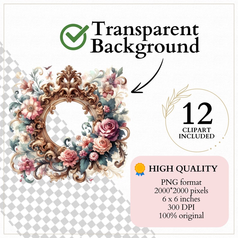 Puede incluir: Un marco dorado adornado con flores rosas y blancas, hojas y enredaderas. El marco es circular y tiene un fondo transparente. La imagen es de 2000 x 2000 p&iacute;xeles y 6 x 6 pulgadas.