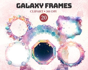 Galaxy Frame Clipart, Watercolor, Border Clipart, Space, Universe, Png, Cosmos, Magic, Star, Celestial Frame, Geometric, Circle, Square