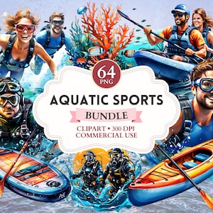 May include: A set of 64 digital illustrations of people participating in various aquatic sports, including kayaking, paddleboarding, scuba diving, and snorkeling. The illustrations are in a cartoon style and are perfect for use in digital projects.