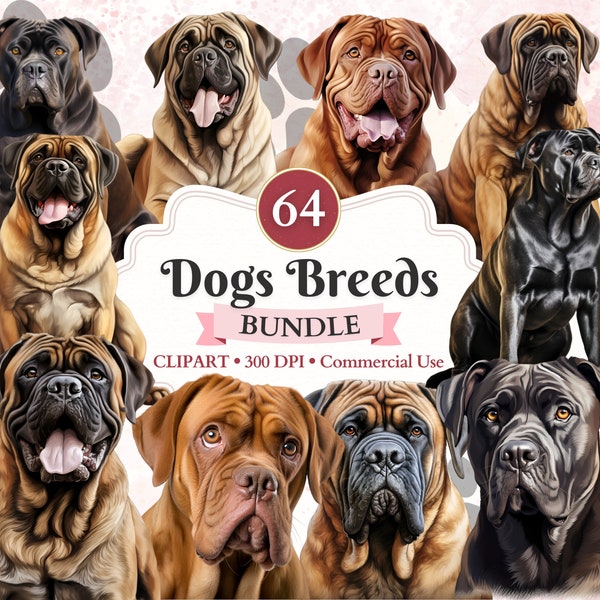 Dogs Breeds Clipart Bundle, Mastiff Vector, Bullmastiff Dog, Dogue de Bordeaux, Cane Corso, Canine Clipart