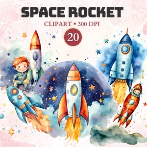 Op de afbeelding: Waterverfillustratie van vier raketten in de ruimte met sterren en planeten. De raketten zijn blauw, rood en oranje. Eén raket heeft een jongen in een groen shirt en blauwe broek die erop zit. De tekst "SPACE ROCKET" staat bovenaan de afbeelding. De tekst "CLIPART - 300 DPI" staat onder de titel. Het nummer "20" staat in een rode cirkel.