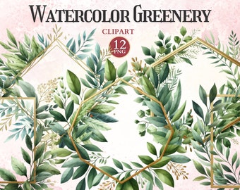 Watercolor Greenery Frame Clipart, Botanical Leaves Border, Printable Photo Gold Frame Png, Nature Foliage Wreath, Ornate Wedding Invitation