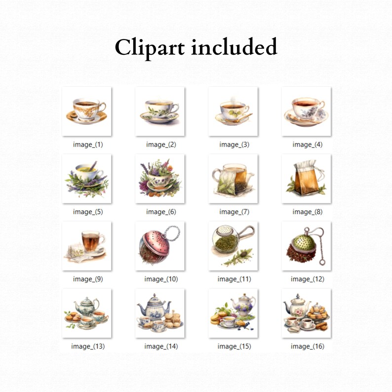 May include: A collection of 16 watercolor illustrations featuring teacups, teapots, tea bags, and tea infusers. The illustrations are in a vintage style and feature delicate floral designs.