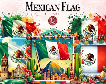 May include: A colorful illustration of the Mexican flag with a green, white, and red design. The flag is surrounded by cacti, flowers, and a cityscape. The text "MEXICAN FLAG CLIPART 12 PNG" is at the top of the image.